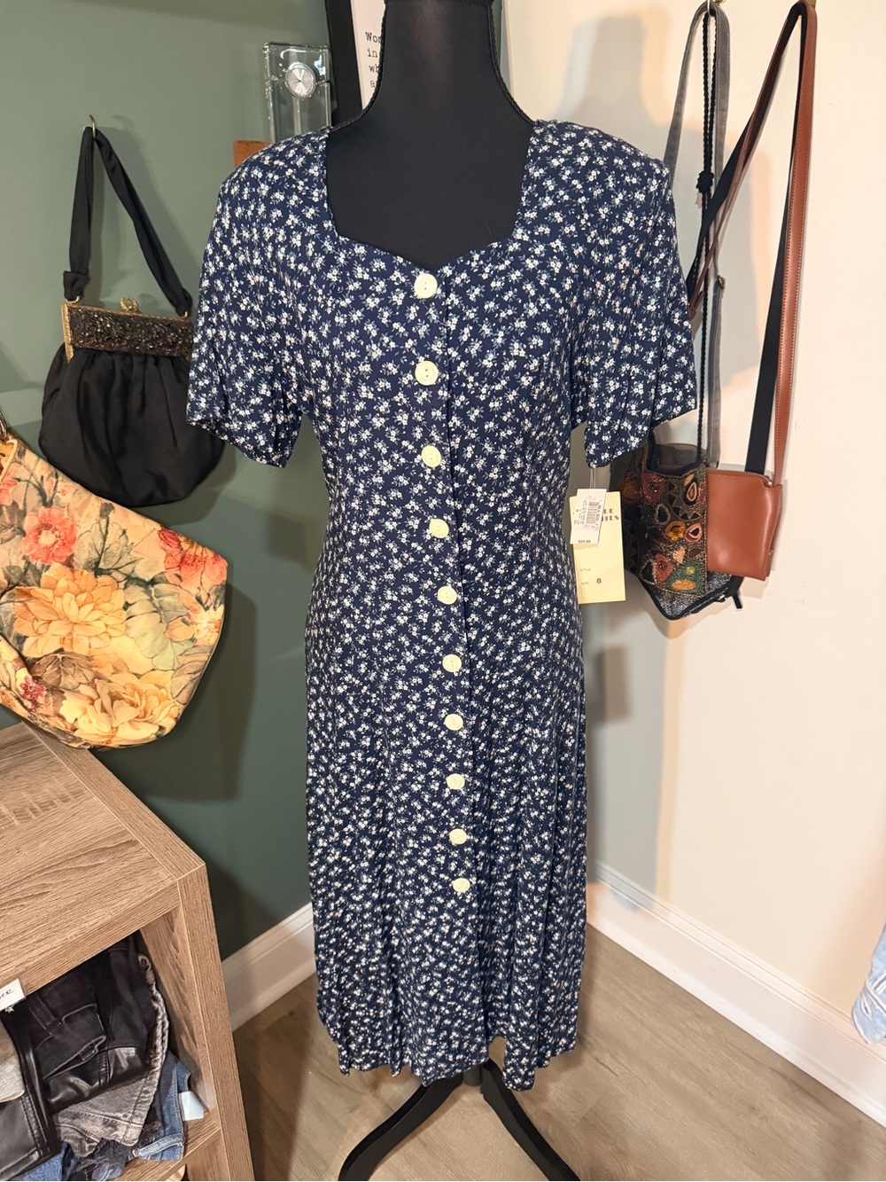 Vintage 90s Halimode Petites Navy Ditsy Floral Button Front Midi Size 8